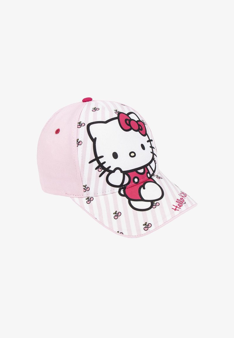 Casquette rose avec un motif Hello Kitty, un motif rayé et un logo brodé. Tissu doux avec une visière incurvée et un dos réglable.