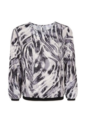 Zwarte en witte blouse met een patroon van lichtgewicht stof. Beschikt over een ronde halslijn en elastische manchetten en zoom. Knopen aan de achterkant.