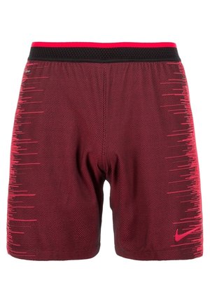 Maroonfarbene Sportshorts mit schwarzen und roten gemusterten Seiten, schwarzem Bund und pinkfarbenem Nike-Logo am unteren rechten Bein.