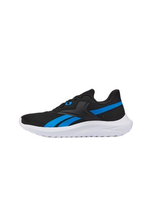 Schwarzer Sportschuh mit blauen Streifen, schwarzen Schnürsenkeln und einer dicken weißen gepolsterten Sohle, seitlich auf weißem Hintergrund abgebildet.