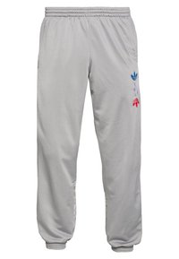 Světle šedé tepláky s elastickým pasem a manžetami, na pravém stehně s modrými, fialovými a červenými logy trefoil Adidas.