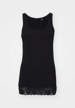 Čierny tielko vyrobené z hladkej bavlny s priliehavým strihom, zdobené čipkovým lemom na spodnom okraji pre pridanú textúru a detail.