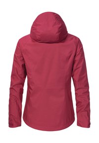 Giacca impermeabile magenta con cappuccio, caratterizzata da una texture liscia, una vestibilità slim e dettagli cuciti. Vista posteriore senza hardware visibile.