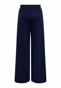 Pantalons larges bleu marine en tissu doux et extensible ; dotés d'une taille élastique et sans coutures ni motifs visibles.