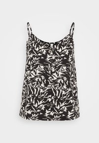 Zwart-witte gestreepte cami-top met spaghettibandjes, voorzien van een ronde halslijn en vijf zichtbare knopen aan de voorkant.