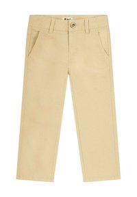 Beige Baumwollhosen mit geraden Beinen, zwei Vordertaschen, einem Knopfverschluss und minimalen Nahtdetails.