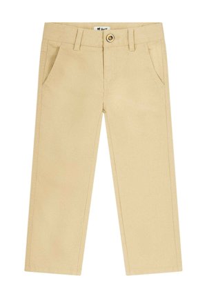 Beige Baumwollhosen mit geraden Beinen, zwei Vordertaschen, einem Knopfverschluss und minimalen Nahtdetails.