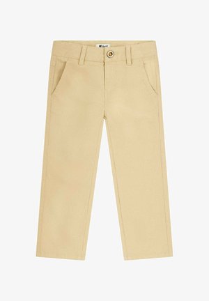 Pantaloni in cotone beige con gambe dritte, due tasche anteriori, chiusura con un solo bottone e dettagli di cucitura minimi.