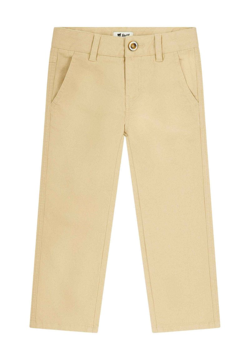 Beige Baumwollhosen mit geraden Beinen, zwei Vordertaschen, einem Knopfverschluss und minimalen Nahtdetails.
