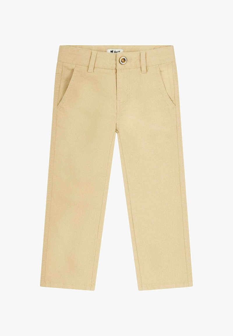 Beige Baumwollhosen mit geraden Beinen, zwei Vordertaschen, einem Knopfverschluss und minimalen Nahtdetails.