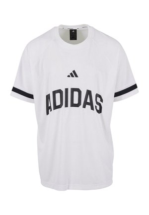 Biała koszulka Adidas z czarnym napisem "ADIDAS" oraz paskami na rękawach. Wykonana z oddychającego materiału, z okrągłym dekoltem i krótkimi rękawami.