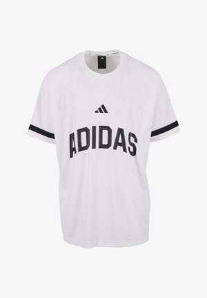 Biała koszulka Adidas z czarnym napisem "ADIDAS" oraz paskami na rękawach. Wykonana z oddychającego materiału, z okrągłym dekoltem i krótkimi rękawami.