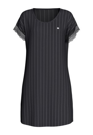 Vestito nero a maniche corte con sottili righe verticali bianche e rifinitura in pizzo sui bordi delle maniche, con un piccolo logo bianco sul petto sinistro.