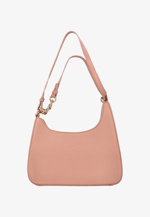 Roze leren schoudertas met afgeronde vorm, lange verstelbare riem en goudkleurige hardware voor sluiting en accenten. Gladde textuur.