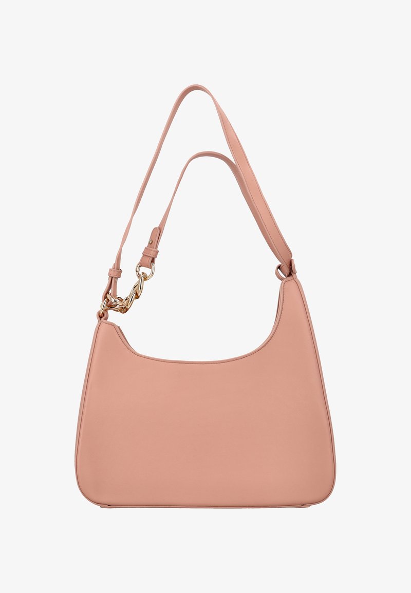Borsa a spalla in pelle rosa con forma arrotondata, tracolla lunga regolabile e dettagli in metallo dorato per la chiusura e gli accenti. Texture liscia.