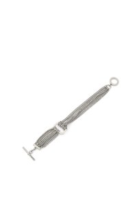 Bracelet en maille argent avec un design de chaîne texturée, équipé d'un fermoir rectangulaire et d'une boucle circulaire à une extrémité.