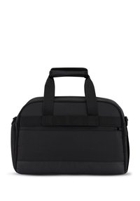 Fekete hordozható táska dupla fogantyúval, cipzáros záródással, lapos elülső zsebbel, bélelt textúrával és struktúrált, téglalap alakú formával. Minimalista dizájn.