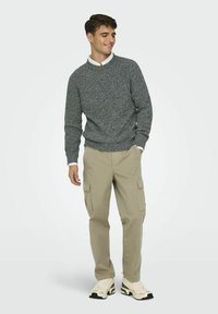 Grå stickad tröja med rund halsringning, beige cargo-byxor och ljusa träningsskor med svarta och gröna accenter. Modellen står avslappnat.