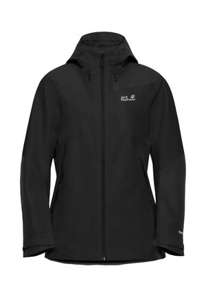 Schwarze Outdoor-Jacke mit wasserdichtem Design, durchgehendem Reißverschluss, verstellbarer Kapuze und zwei seitlichen Reißverschlusstaschen. Hergestellt aus glattem, strapazierfähigem Stoff.