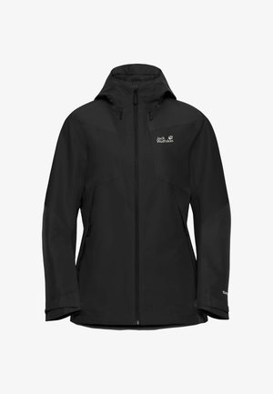 Schwarze Outdoor-Jacke mit wasserdichtem Design, durchgehendem Reißverschluss, verstellbarer Kapuze und zwei seitlichen Reißverschlusstaschen. Hergestellt aus glattem, strapazierfähigem Stoff.