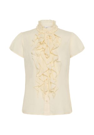 Krátký rukáv krémová halenka s volánovým předním potiskem a zdobeným límečkem. Vyrobena z lehké látky, s zapínáním na knoflíky.