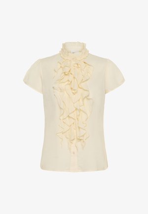 Crèmekleurige blouse met korte mouwen, een gerimpeld voorpand en een gerafelde kraag. Gemaakt van lichtgewicht stof, met een knoopsluiting.