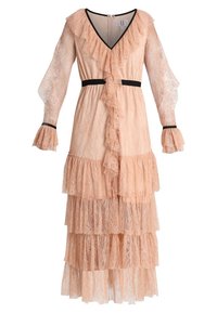 Persikofärgad spets midi-klänning med lager på lager-ruffle kjol, långa genomskinliga ärmar, svart kant vid ärmslut, midja och krage, samt rufsig detalj framtill.