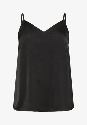 Mustat satiinihihaton paita, jossa on ohuet säädettävät hihnat, V-pääntie ja hieman levenevä helma, jossa on hienovarainen rakenne.