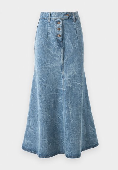 Gonna in denim blu a vita alta con un motivo acid-wash, chiusura con bottone e quattro bottoni in metallo visibili, e orlo svasato.