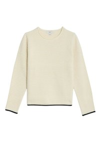 Sweter w kolorze kremowym z fakturowanej tkaniny, z okrągłym dekoltem i długimi rękawami, posiadający czarne wykończenie u dołu i na mankietach.