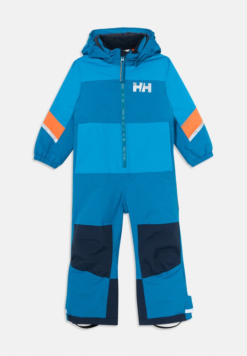 Μπλε χιτώνιο χιονιού με κουκούλα, μπροστινό φερμουάρ, ναυτικές λεπτομέρειες και πορτοκαλί ρίγες στα μανίκια. Κατασκευασμένο από λείο, ανθεκτικό στο καιρό υλικό.