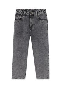 Pelēkas krāsas augsta jostasvietas skābes mazgāšanas džinsi ar priekšējo pogu un rāvējslēdzēju, jostas cilpām un piecu kabatu dizainu, izlikti plakani.