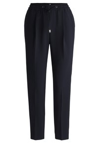 Svarta tapered-byxor med elastisk midja och snörning fram, med ett mjukt, rynkfritt tyg och subtila sömdetaljer.