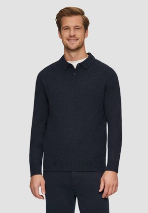Marineblauer Langarm-Polo-Pullover mit Kragen, zwei Knopfverschluss, gerippten Bündchen und Saum. Glatte Textur, aus Strickstoff gefertigt.