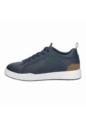Herresneakers i navy læder med hvidgummi sål, brune læderdetaljer, rund tå og kontrasterende syninger.