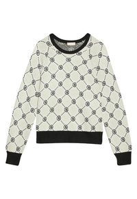 Pullover aus leichtem cremefarbenem Strickstoff mit schwarzem Logo-Muster. Verfügt über einen gerippten schwarzen Kragen und schwarze Bündchen, die eine lockere Passform und Textur bieten.