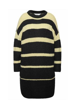 Strickpullover in schwarz und cremefarbenen horizontalen Streifen, mit runder Ausschnitt und drei Viertelärmeln. Weicher Stoff und lockere Passform.