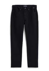 Pantalons en denim noir avec une coupe droite. Présentent des poches avant, une fermeture éclair, et un bouton en métal. Texture douce avec peu de détails de couture.