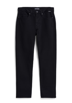 Schwarze Jeans mit geradem Bein. Verfügt über Vordertaschen, einen Reißverschluss und einen Metallknopf. Weiche Textur mit minimalen Nähdetails.