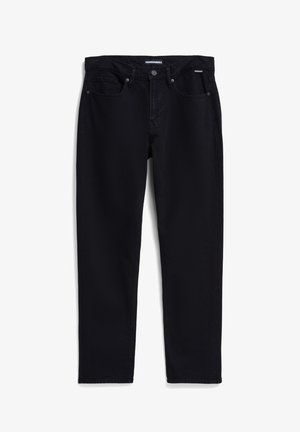 Schwarze Jeans mit geradem Bein. Verfügt über Vordertaschen, einen Reißverschluss und einen Metallknopf. Weiche Textur mit minimalen Nähdetails.