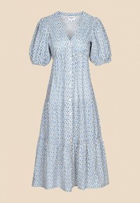 Blue and white patterned dress with puff sleeves, v-neck, and tiered skirt. Made of lightweight fabric with subtle yellow accents.