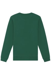 Sweatshirt vert à manches longues, col rond et poignets côtelés. Texture lisse et couleur unie, sans motifs ni embellissements visibles.