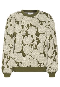 Olivgrüner Sweatshirt mit strukturiertem, gesticktem Blumenmuster in Creme. Verfügt über einen Rundhalsausschnitt und gerippte Bündchen an den Ärmeln und am Saum.
