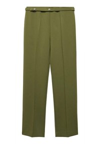 Hoogwaardige, olijfgroene op maat gemaakte broek met voorplooien en een tailleband met twee knopen.