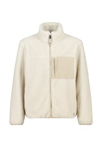 Fleece jacket in off-white with a high collar, full front zip, and tan fabric pocket on the left chest. Soft, textured surface.