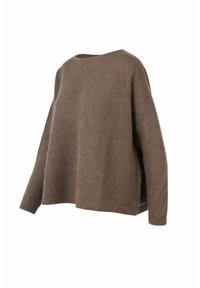 Bruine gebreide trui met een brede halslijn, drop shoulders en zijsplitten. Zachte textuur en losse pasvorm voor comfort en gemak.