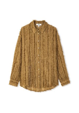 Braunes, strukturiertes Hemd mit Knopfleiste, vertikalen Streifen und fransigen Kanten. Verfügt über einen Kragen und lange Ärmel mit abgerundetem Saum.