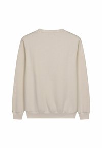 Sudadera de color beige claro con cuello redondo, mangas largas y dobladillo acanalado. Textura suave, sin patrones ni adornos visibles.