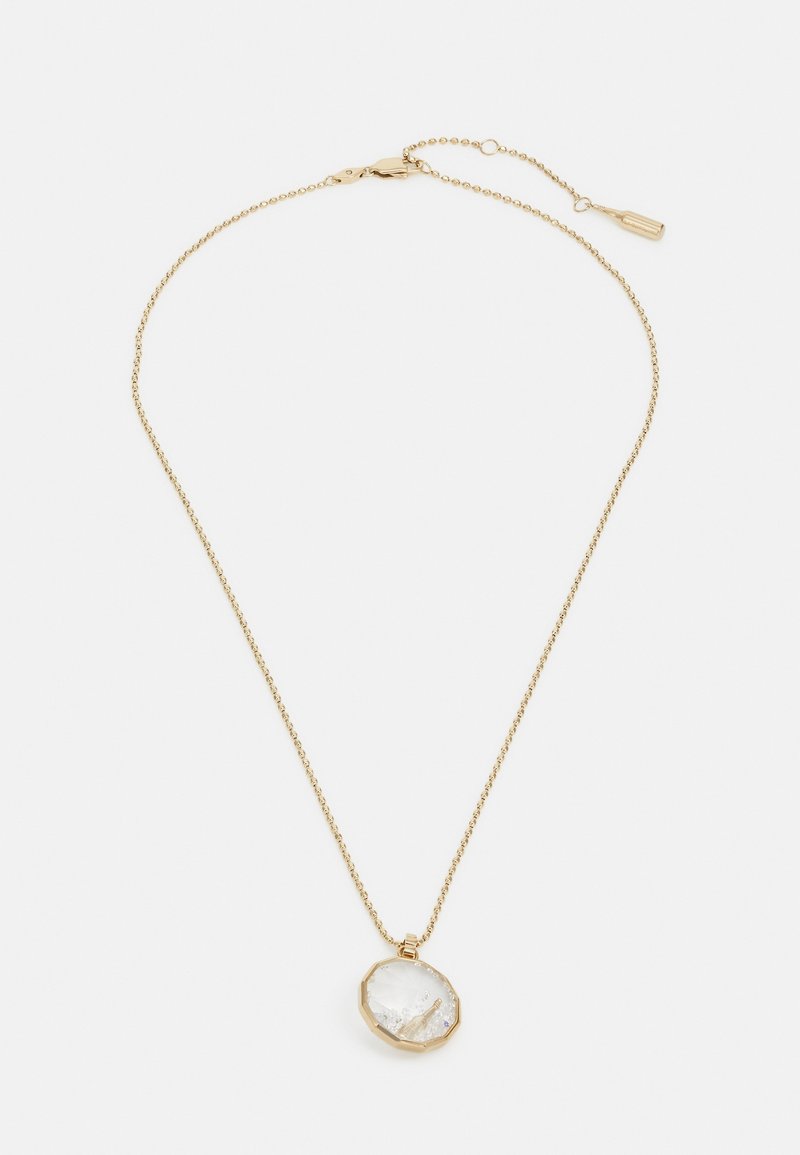 Collier délicat en chaîne dorée avec un pendentif rond en cristal clair serti dans un cadre doré et une fermeture réglable.