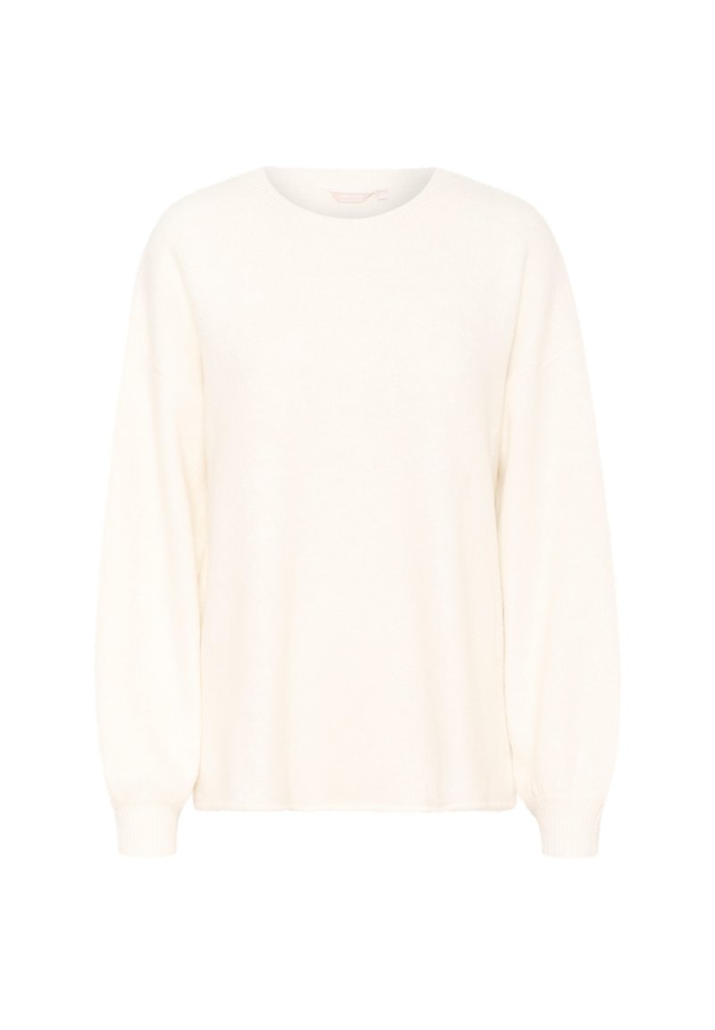 Maglione leggero in crema con scollo rotondo e maniche lunghe a sbuffo. Texture morbida, vestibilità ampia e polsini a costine alle estremità delle maniche.